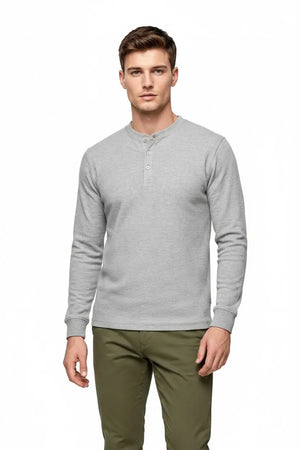 Men’s Linen Melange Seersucker Henley Collar Full-Sleeve Winter T-Shirt