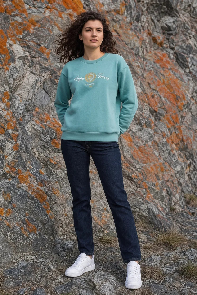 Women Light Teal Cotton Blended Suede Crew Neck | Full Sleeves Winter Sweatshirt