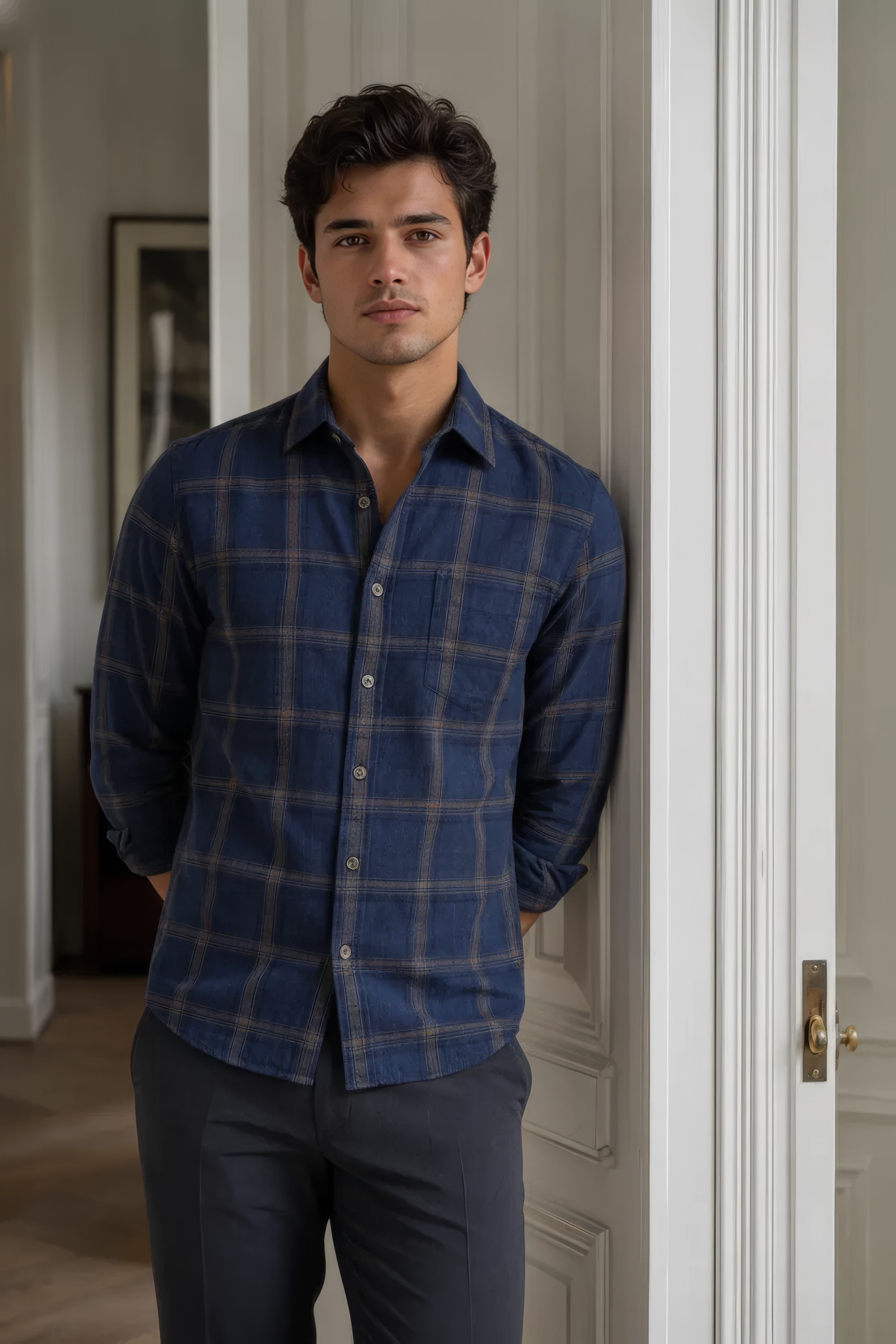 Men’s Navy Check Corduroy Cotton Full-Sleeve Shirt