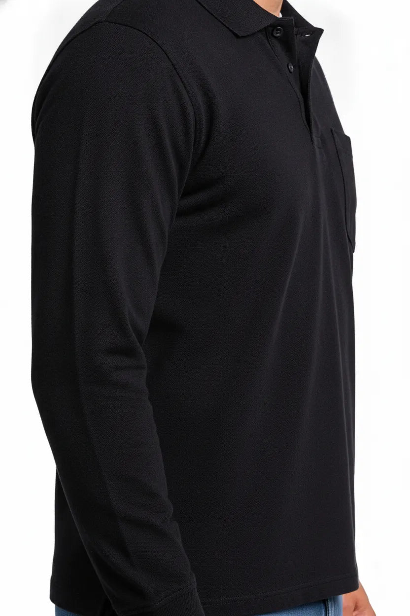 Men's Black Green Full Sleeve Cotton Pique Polo T-Shirt | Premium Pre-Winter Casual Polo