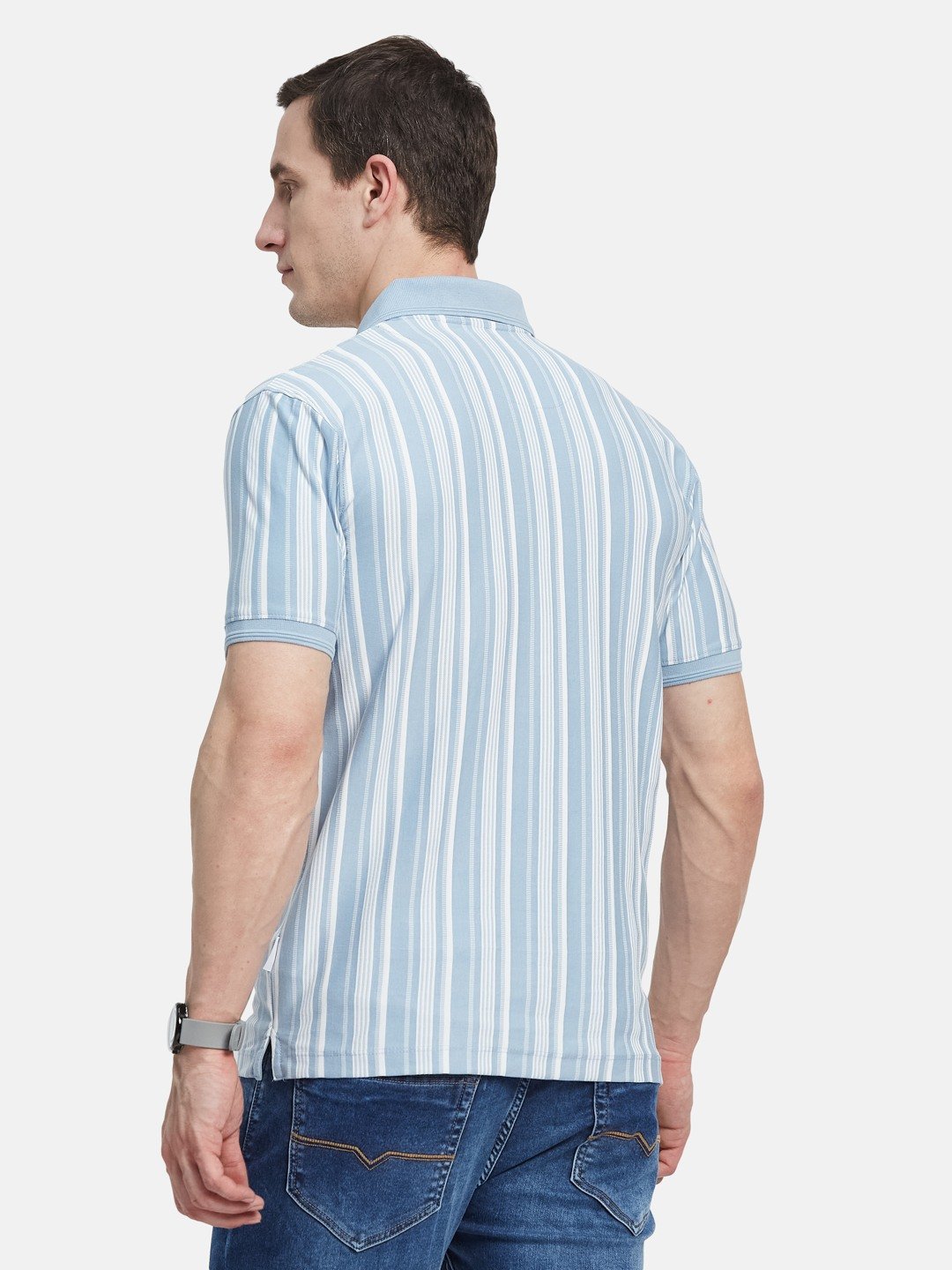 Men Oxford Blue VERTICAL STRIPE POLO NECK T-SHIRT