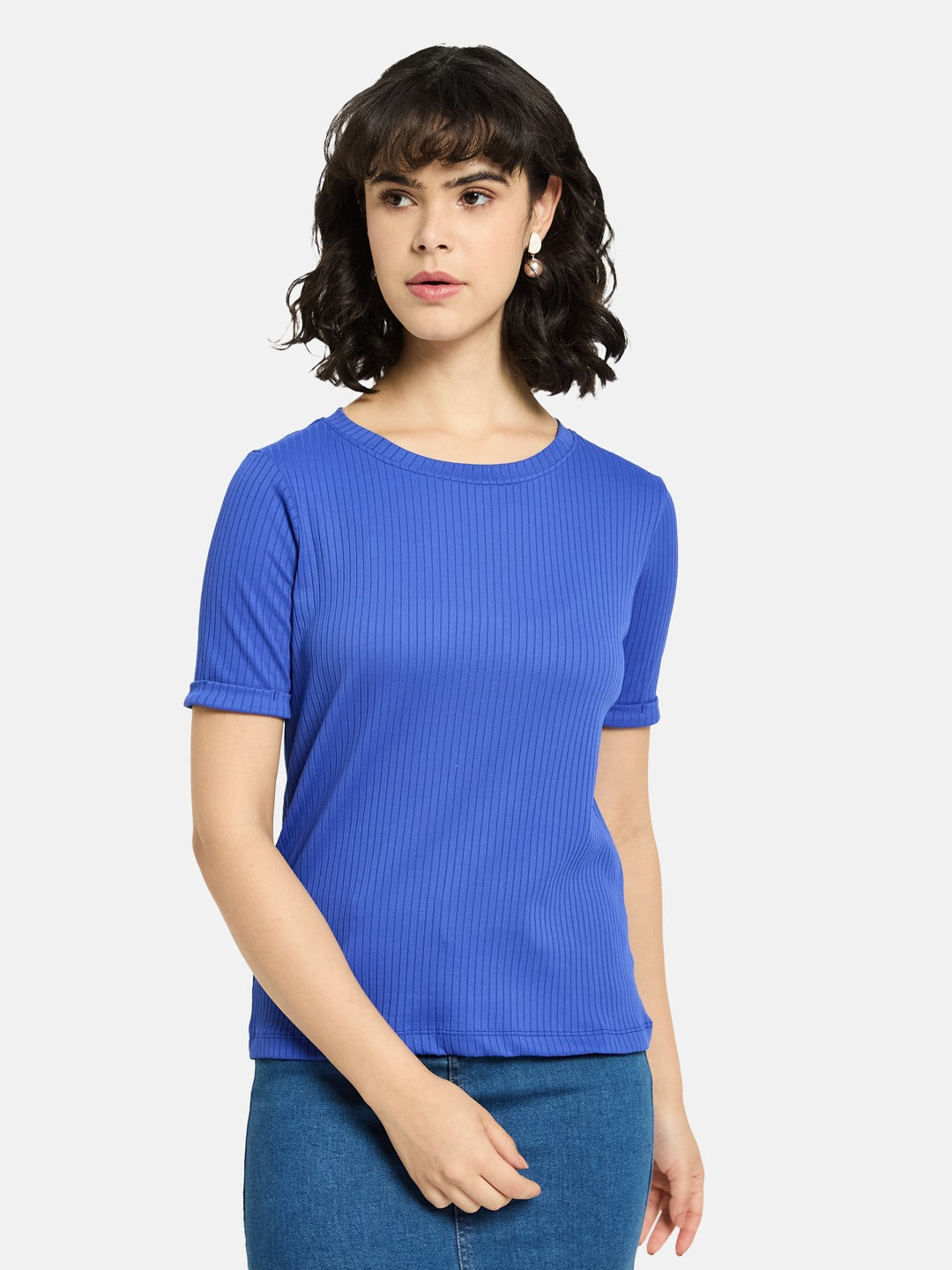 METTLE Women Solid Round Neck Cotton T-shirt