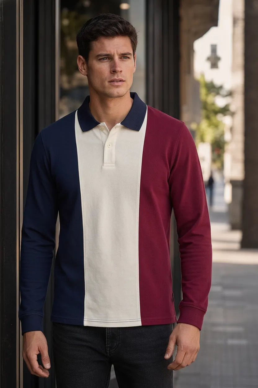 Men’s Deep Merlot Colourblock Cotton Pique Polo Full-Sleeve Winter T-Shirt