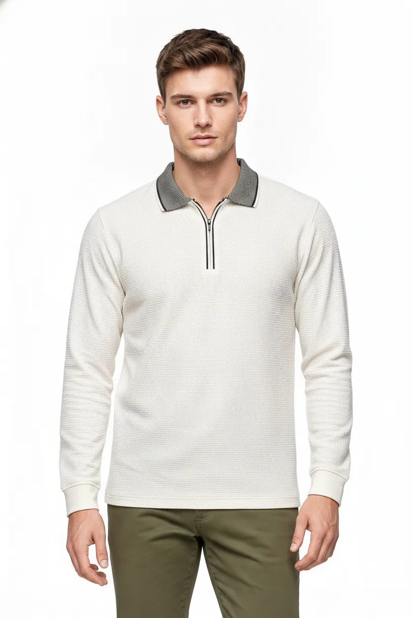 Men's Off White Structured Cotton Half-Zip Polo T-Shirt | Full Sleeve Textured Pre-Winter