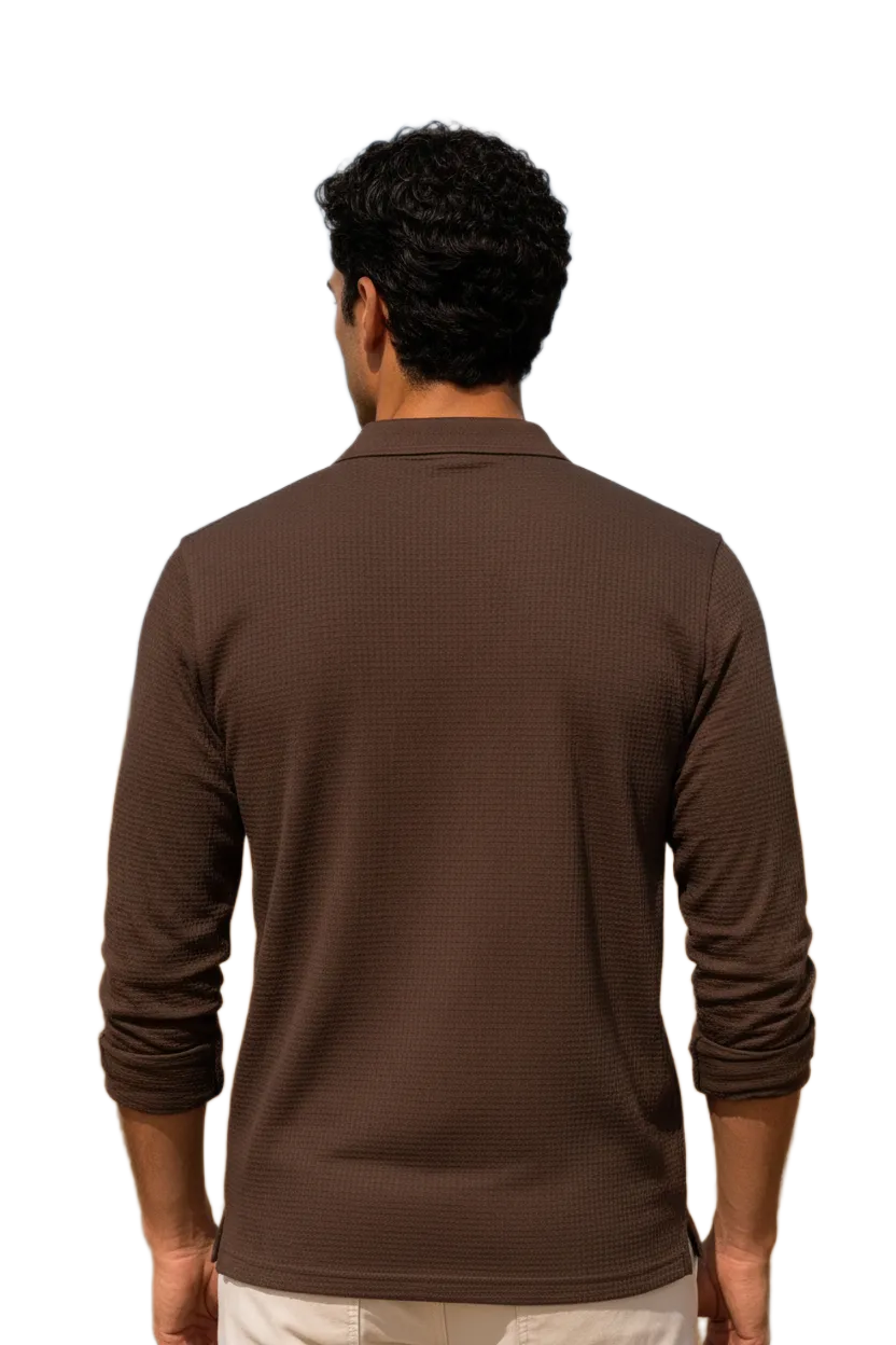 Men's Linen Melange Structured Cotton Full Sleeve Polo T-Shirt | Waffle Textured Pre-Winter
