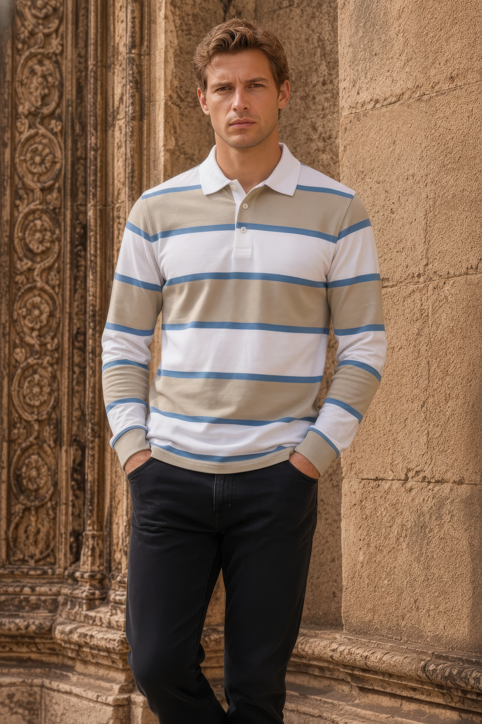 Men’s Stone Rugby Stripe Full Sleeve Polo T-Shirt | Cotton Blended Seersucker Fabric