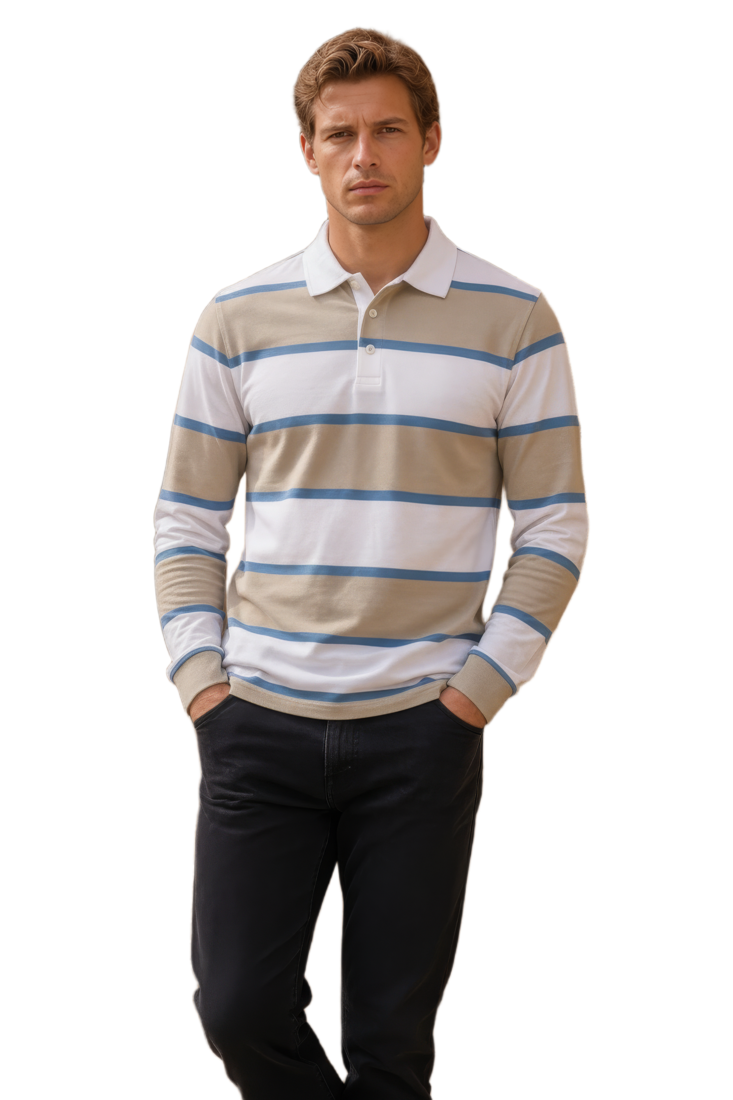 Men’s Stone Rugby Stripe Full Sleeve Polo T-Shirt | Cotton Blended Seersucker Fabric