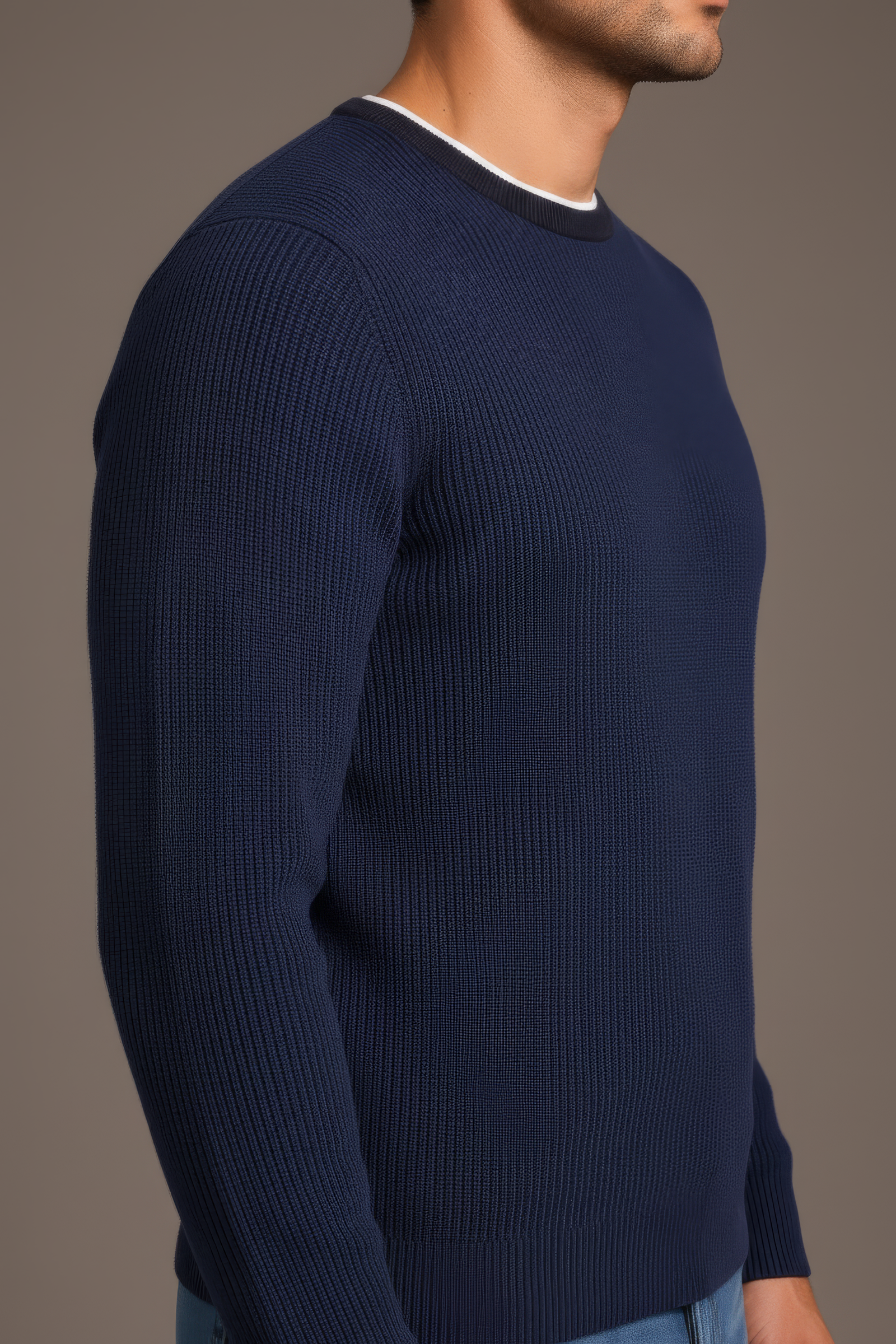 Men’s Navy Structured Cotton Round-Neck Full-Sleeve Winter Top