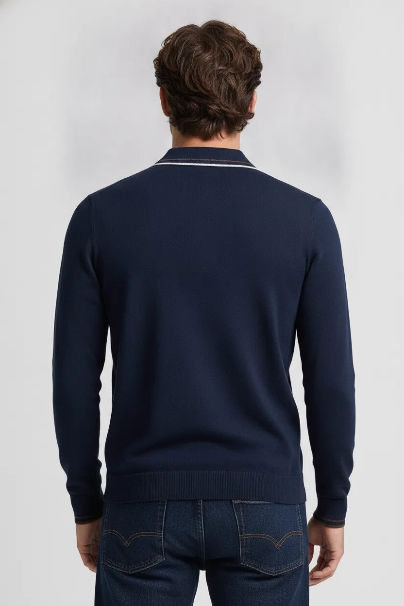 Men's Navy Full Sleeve Cotton Waffle Knit Polo T-Shirt | Textured