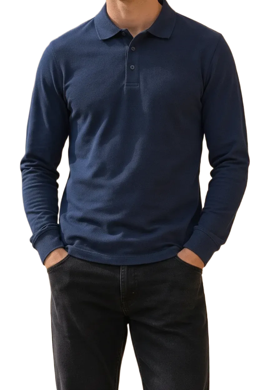 Men’s Navy Pique Lycra Polo Neck Full-Sleeve Winter T-Shirt