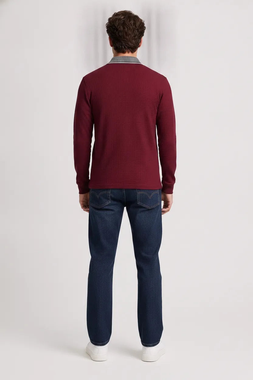 Men's Merlot Structured Cotton Half-Zip Polo T-Shirt | Full Sleeve Textured Pre-Winter