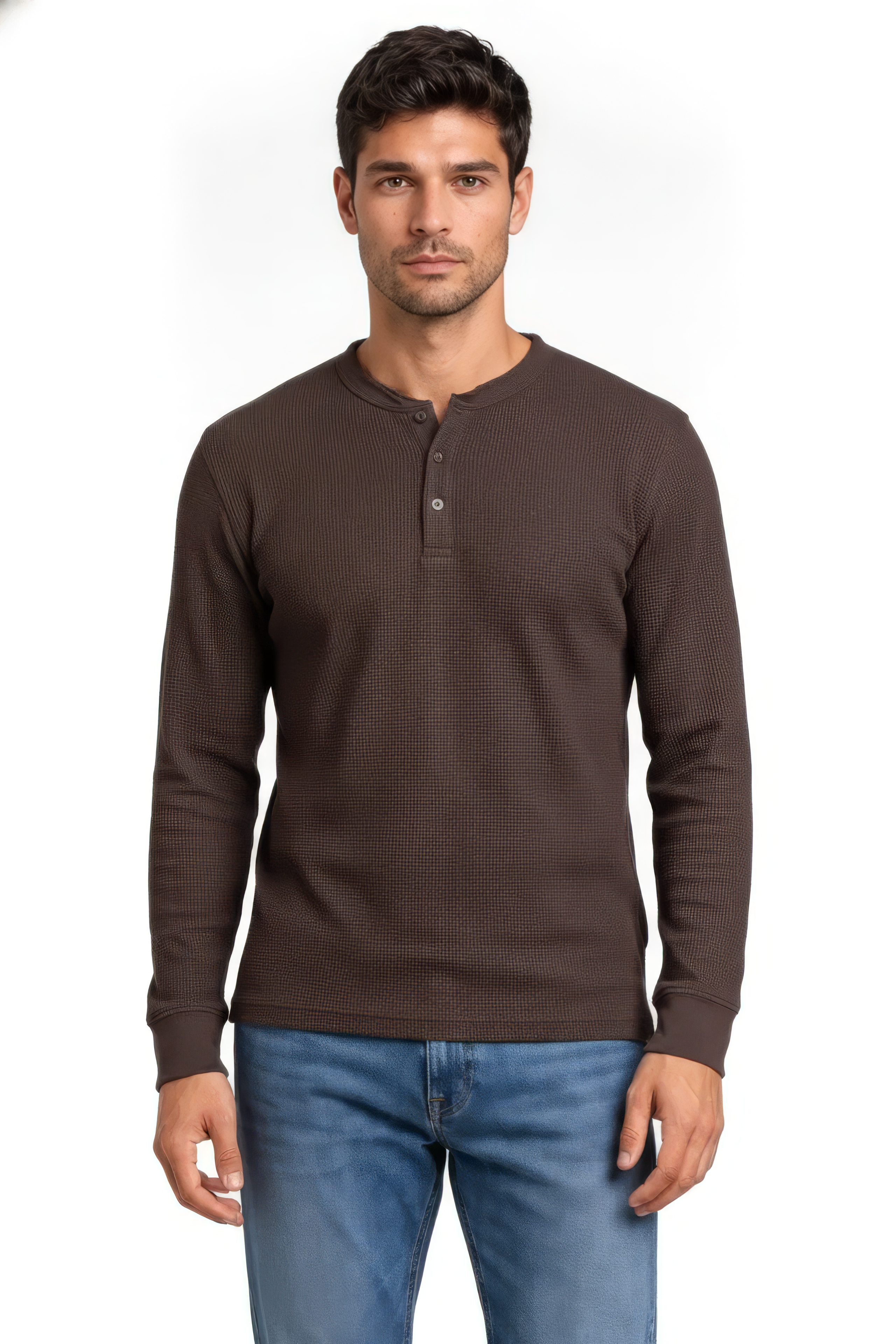 Men’s Coffee Cotton Blended Seersucker Full Sleeve Mandarin Collar T-Shirt