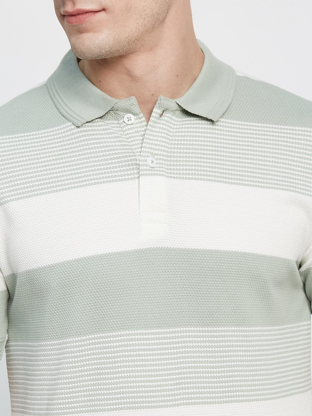 HORIZONTAL STRIPE POLO NECK POPCORN KNIT   T-SHIRT
