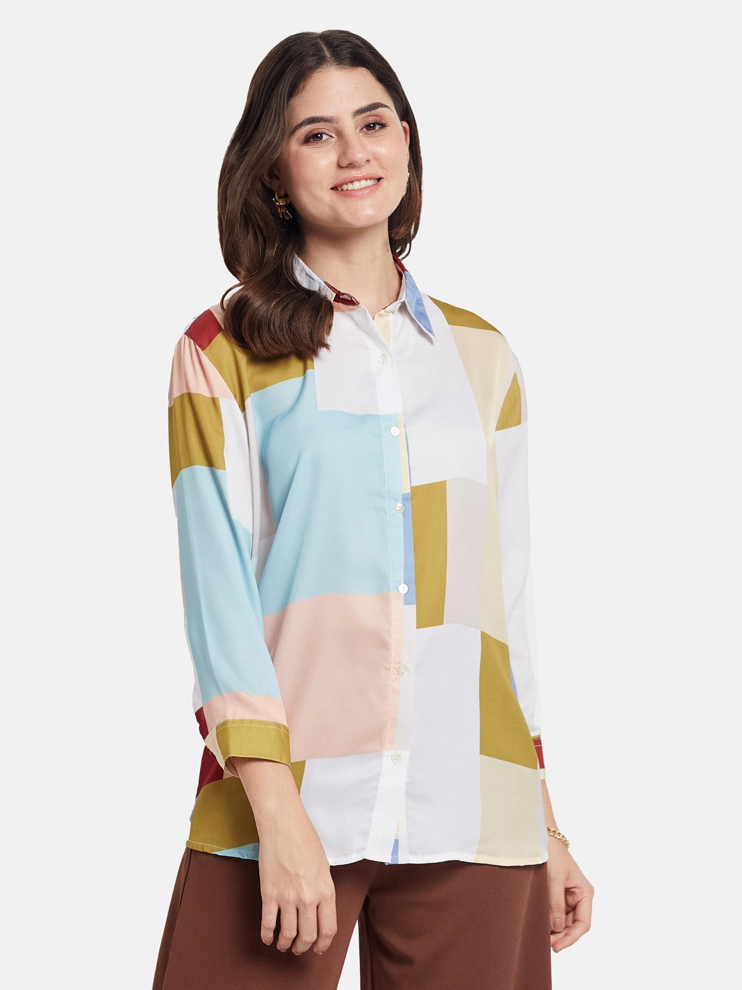 METTLE Women Colourblocked Cotton Shirt Style Top