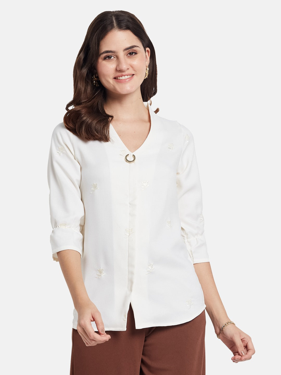 METTLE Floral Embroidered V-Neck Shirt Style Cotton Top