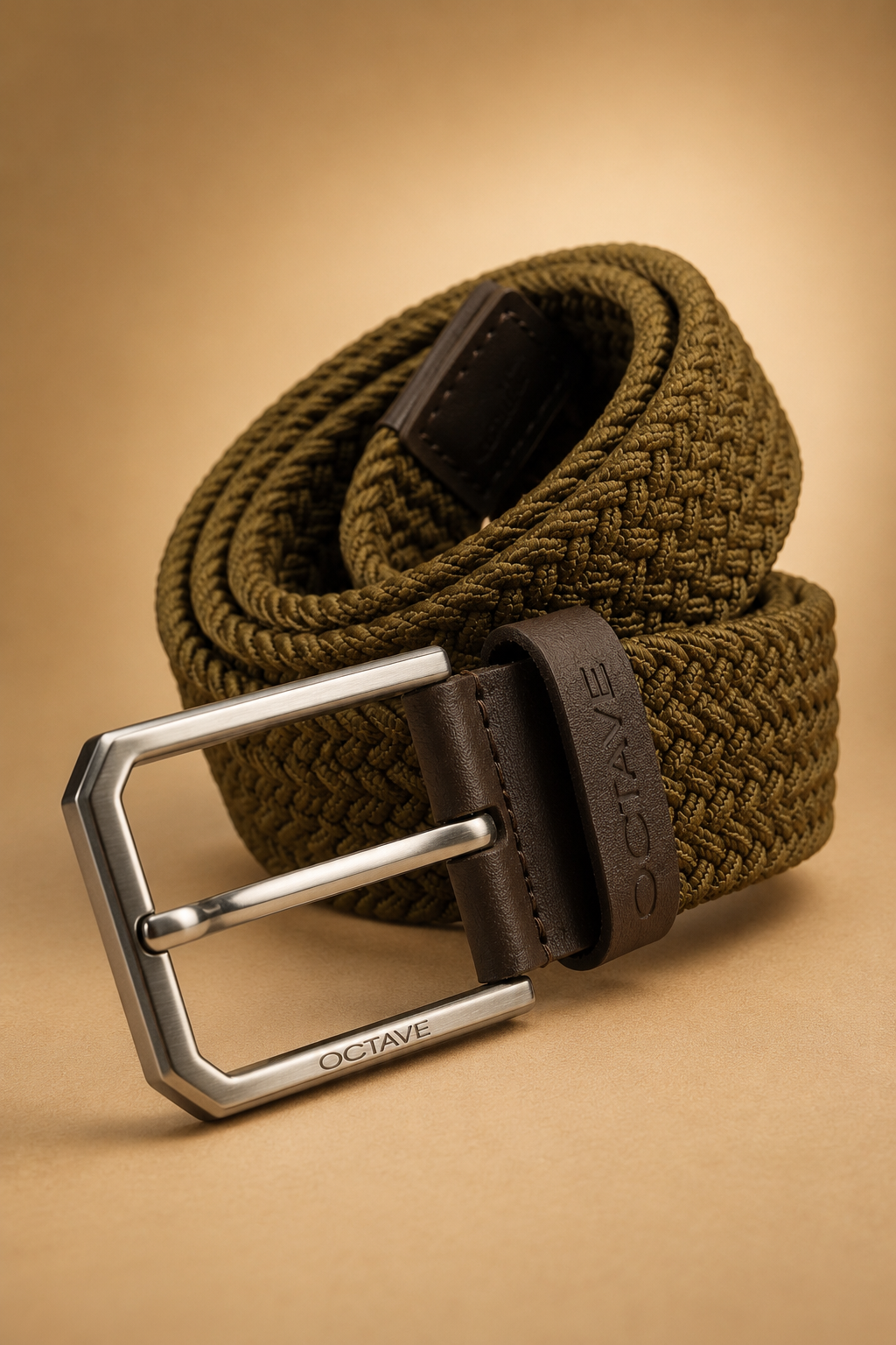 Olive Green Braided Woven Men’s Belt with Metal Pin Buckle | Stretchable Casual Belt