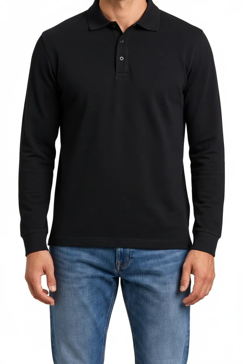 Men’s Black Pique Lycra Polo Neck Full-Sleeve Winter T-Shirt