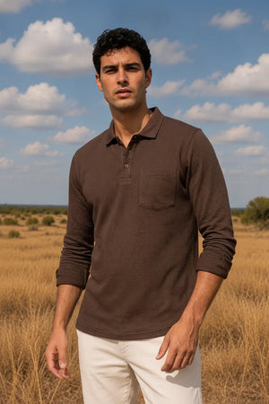 Men's Linen Melange Structured Cotton Full Sleeve Polo T-Shirt | Waffle Textured Pre-Winter