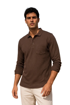 Men's Linen Melange Structured Cotton Full Sleeve Polo T-Shirt | Waffle Textured Pre-Winter