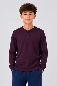 Junior Boys Wine Seersucker Henley Collar Full Sleeve Pre-Winter T-Shirt – Regular Fit