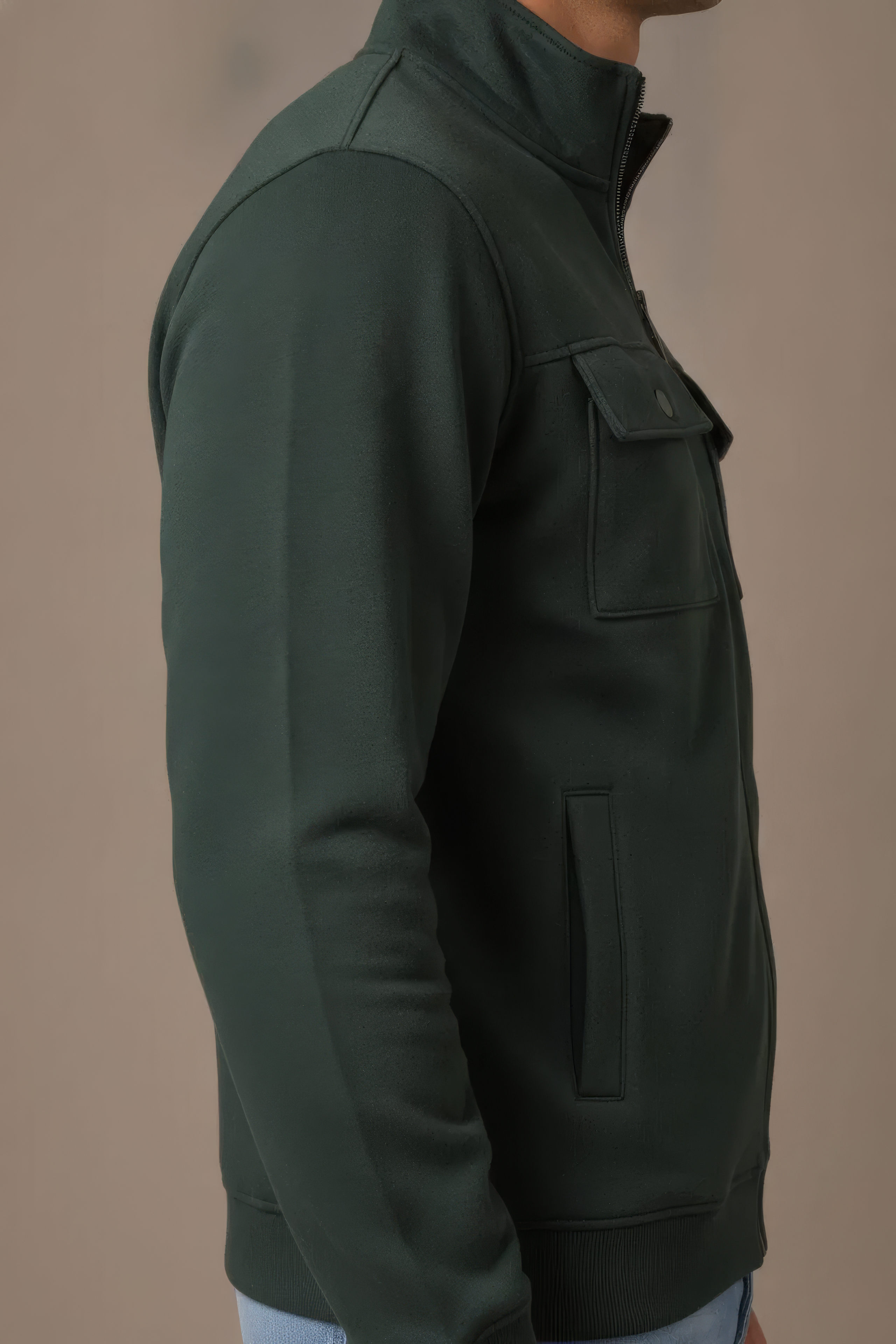 Men’s Dark Olive Full Zip with Stand Collar & Utility Pockets