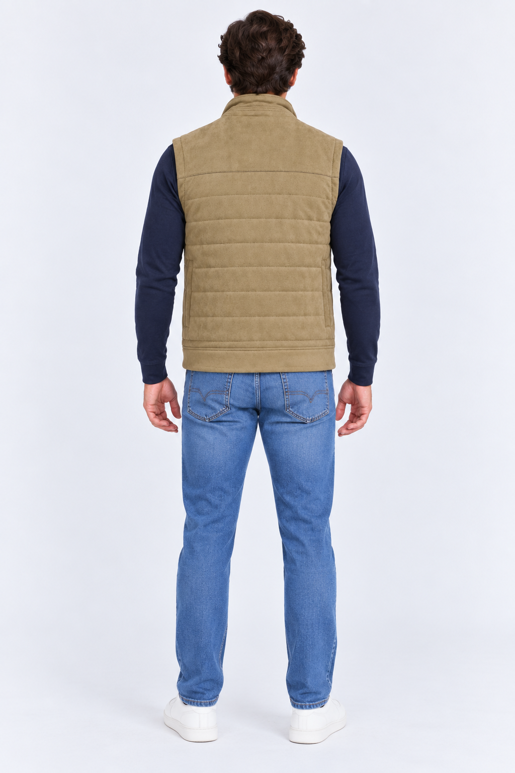 Men’s Khaki Quilted Knitted Suede Puffer Gilet – Regular Fit Full Zip Sleeveless Jacket