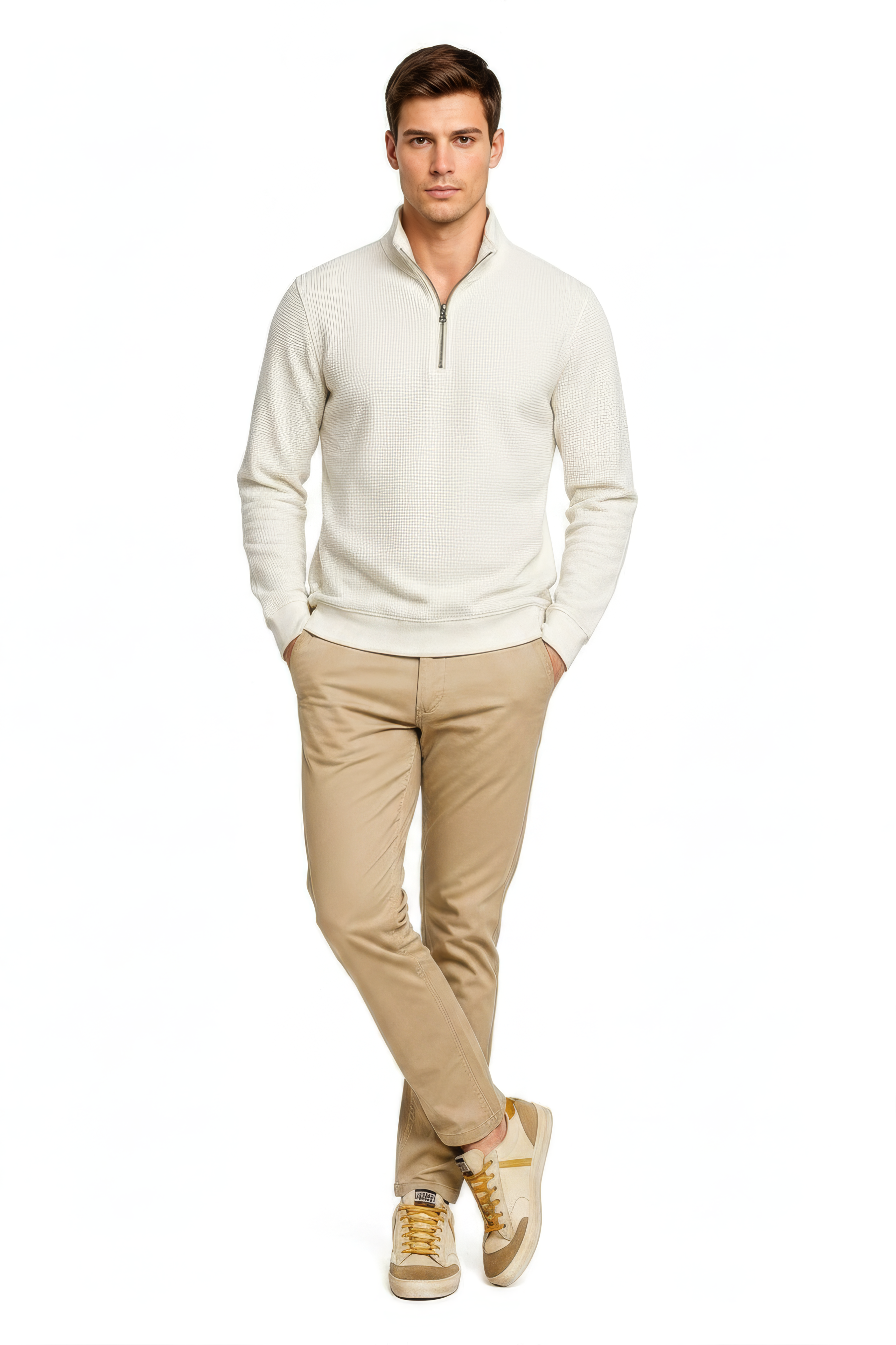 Men’s Off-White Half-Zip Sweatshirt in Brushed Seersucker Fabric