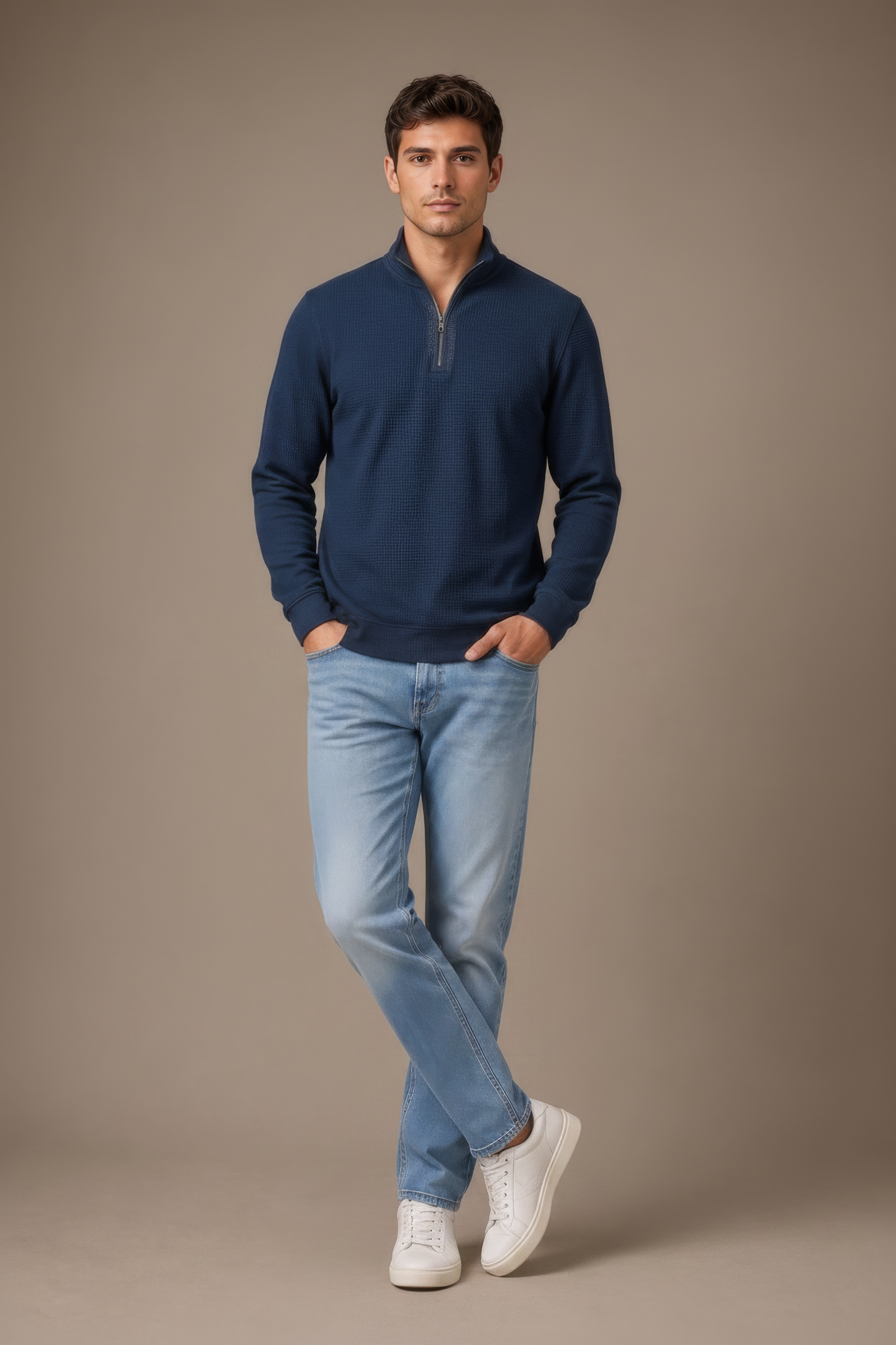 Men’s Dark Navy Standing Collar Half Zipper Sweatshirt - Brushed Seer Sucker Fabric