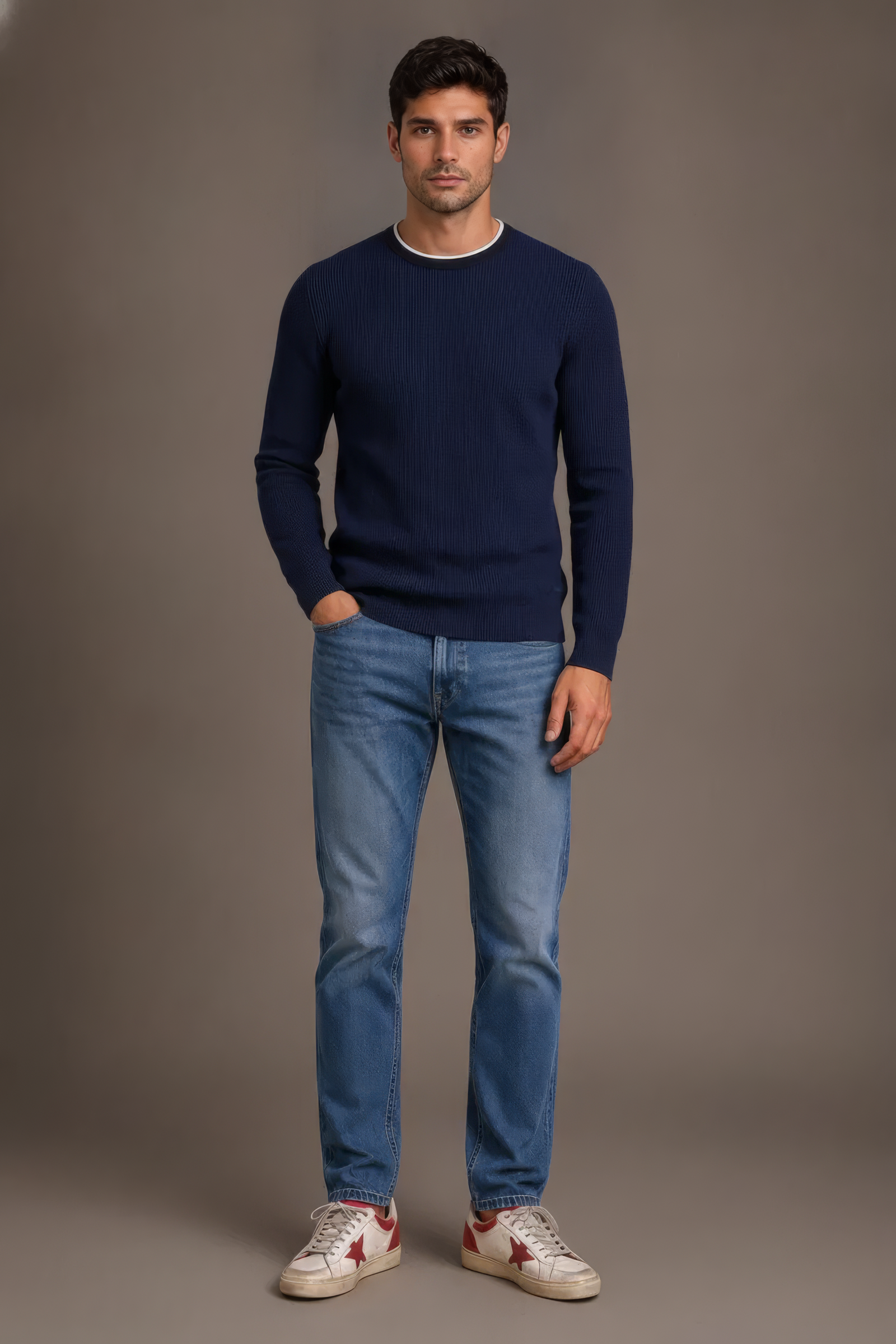 Men’s Navy Structured Cotton Round-Neck Full-Sleeve Winter Top