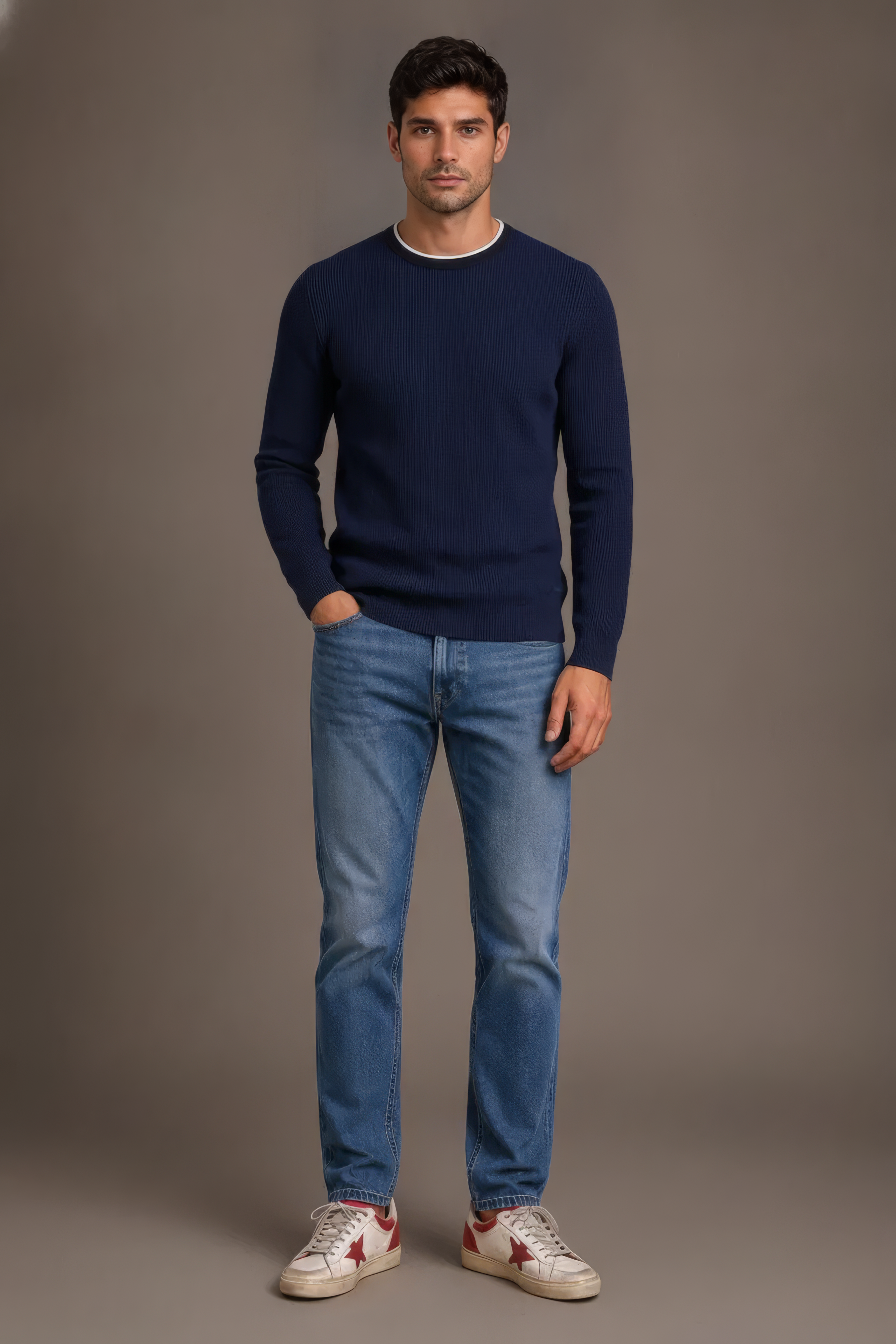 Men’s Navy Structured Cotton Round-Neck Full-Sleeve Winter Top