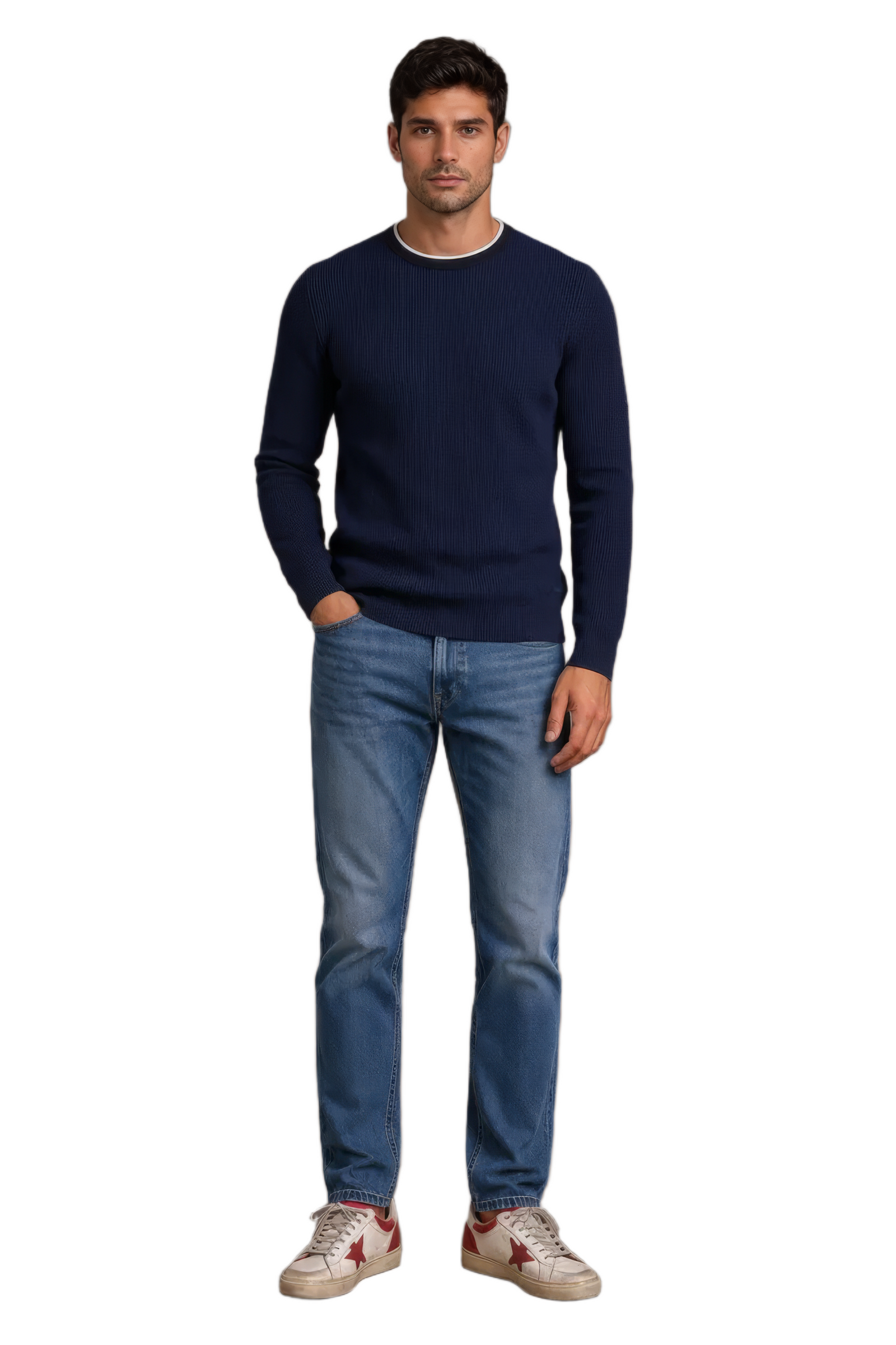 Men’s Navy Structured Cotton Round-Neck Full-Sleeve Winter Top