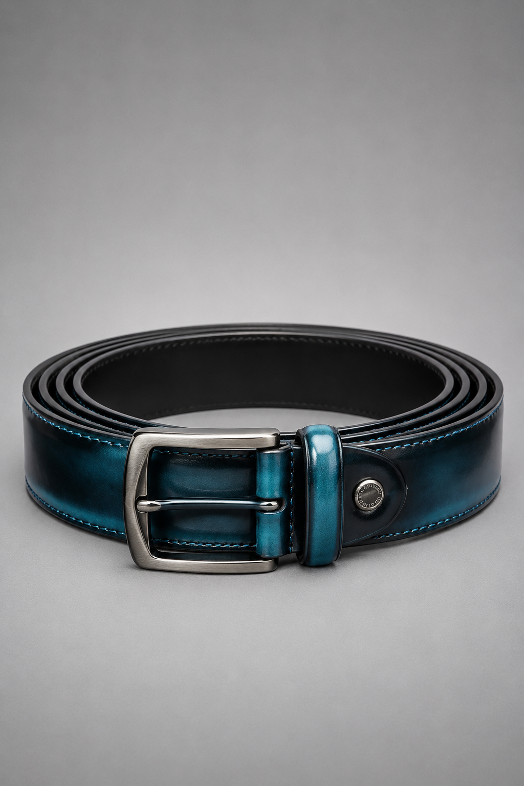 Men's Navy Leather Belt with Brushed Silver Buckle