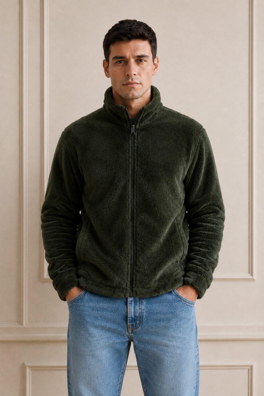 Men’s Olive Fur Full-Zip Winter Sweatshirt | Stand Collar