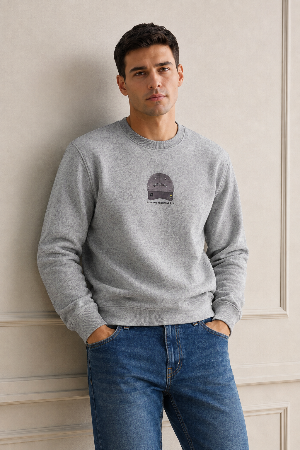 Men’s Grey Melange Cotton Fleece Full Sleeve Winter Sweatshirt | Round Neck Graphic