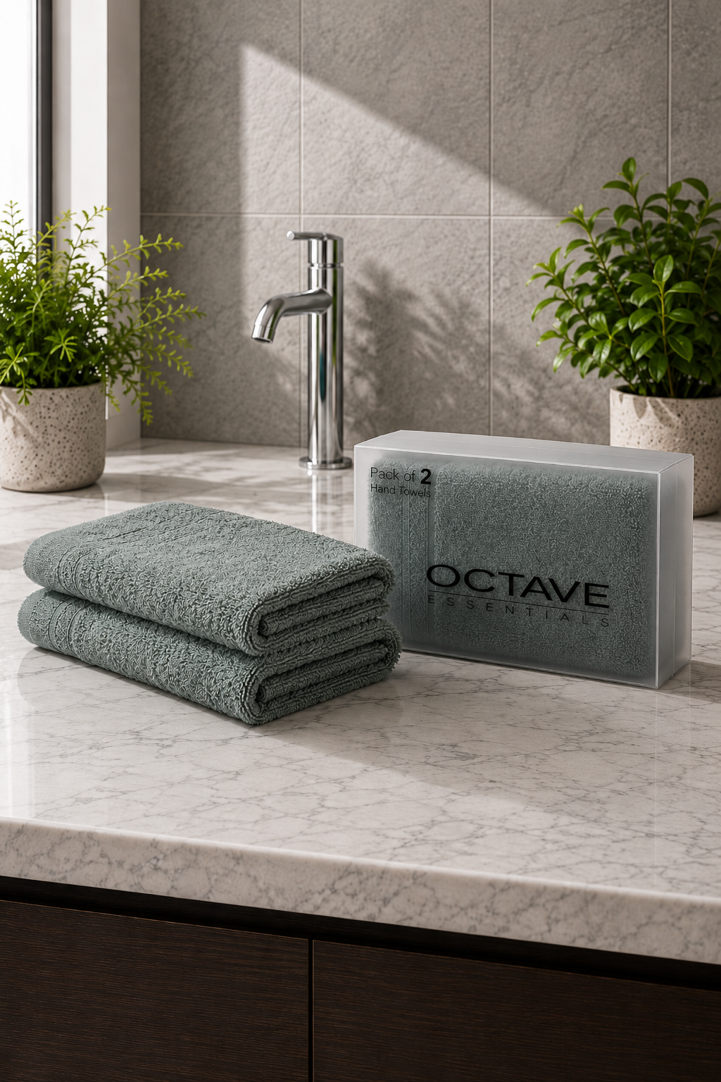 Basil Colour Hand Towels – Pack of 2, Soft & Absorbent Terry Towels, 40 × 60 cm