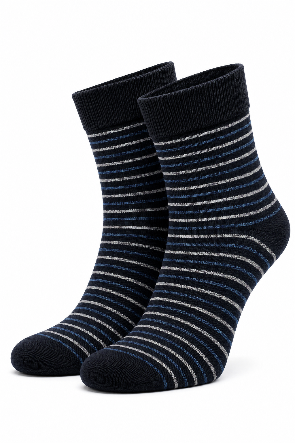 Men's Crew Length – Navy Blue & Grey Fine Stripe Pattern Socks