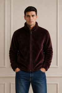Men’s Espresso Fur Full-Zip Winter Sweatshirt | Stand Collar
