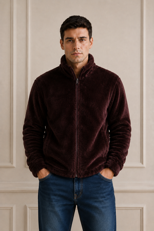 Men’s Espresso Fur Full-Zip Winter Sweatshirt | Stand Collar
