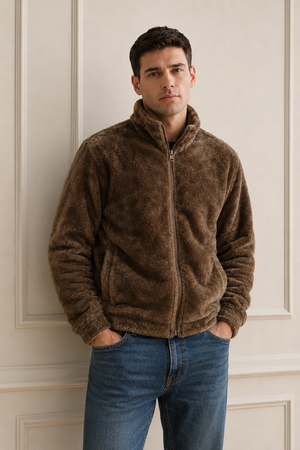 Men’s Tan Fur Full-Zip Winter Sweatshirt | Stand Collar