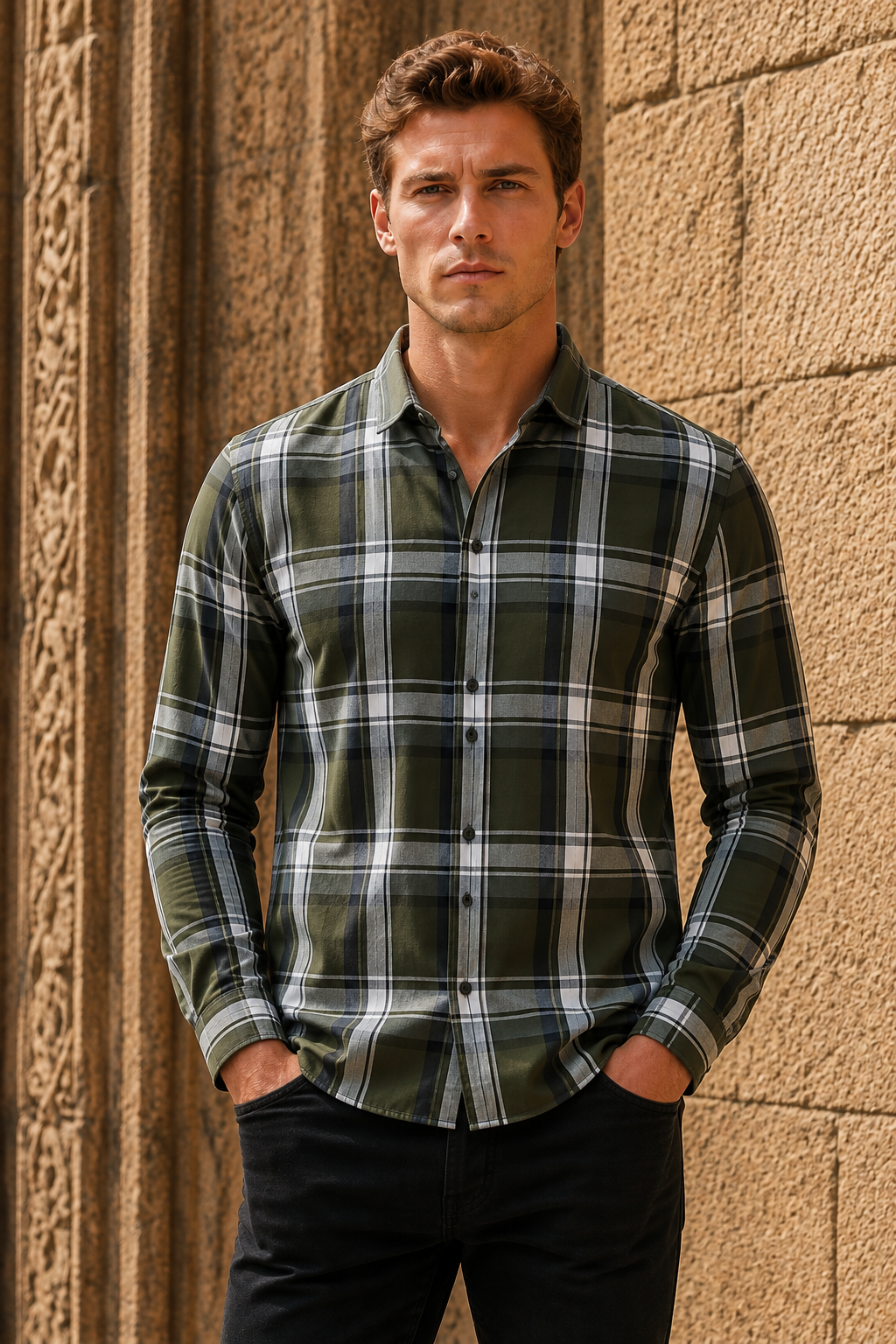 Men’s Olive Check Cotton Tencel Shirt