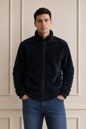 Men’s Black Fur Full-Zip Winter Sweatshirt | Stand Collar