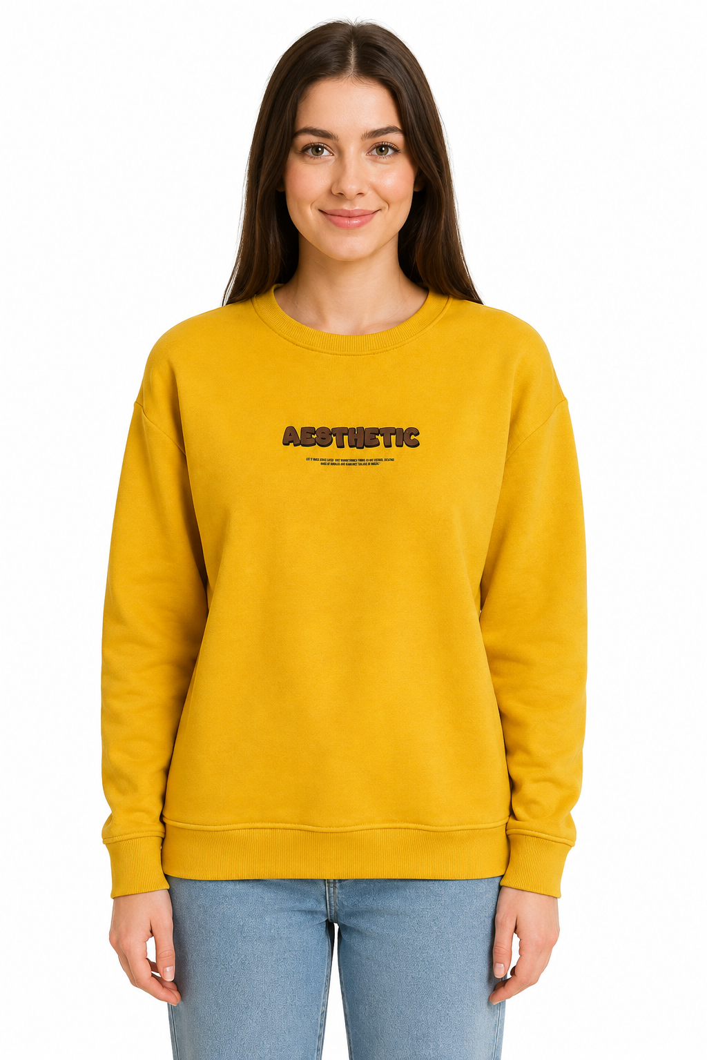 Mustard Yellow Cotton Fleece Sweatshirt - Aesthetic Brainstormed Graphic Pullover