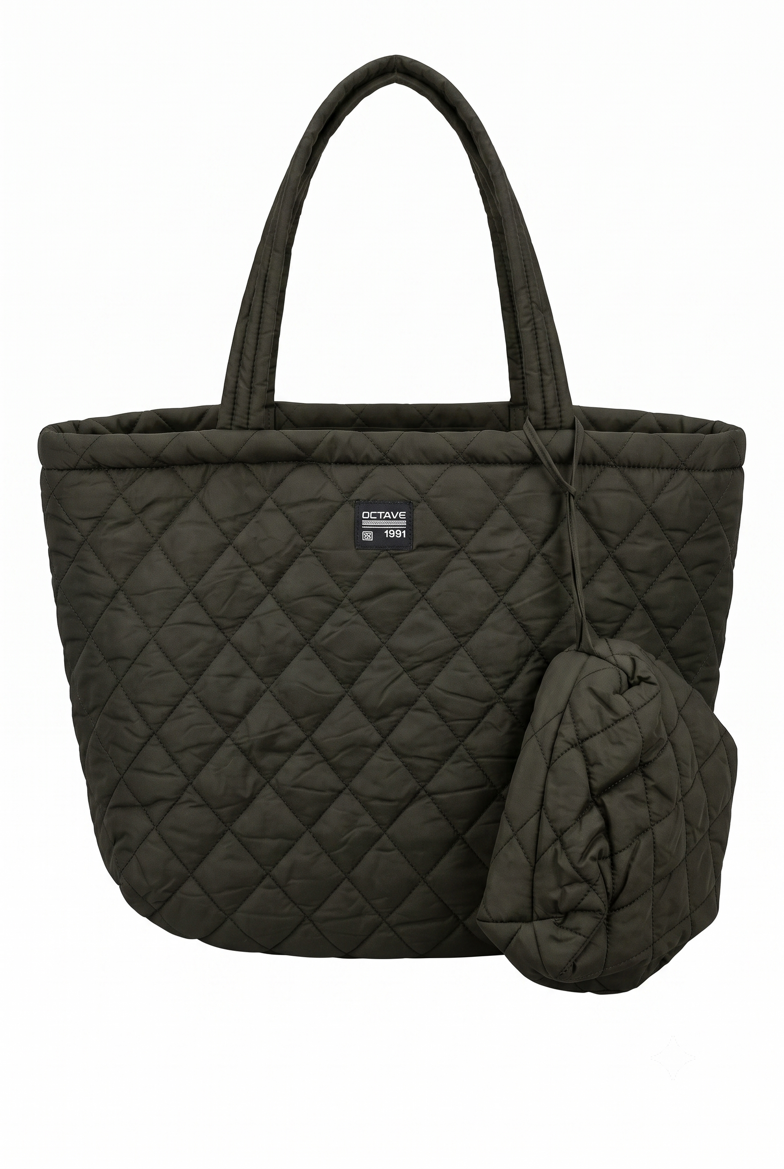 Women's Dark Olive Green Quilted Tote Handbag with Pouch | Lightweight Shoulder Bag | Large Capacity Everyday Travel Tote
