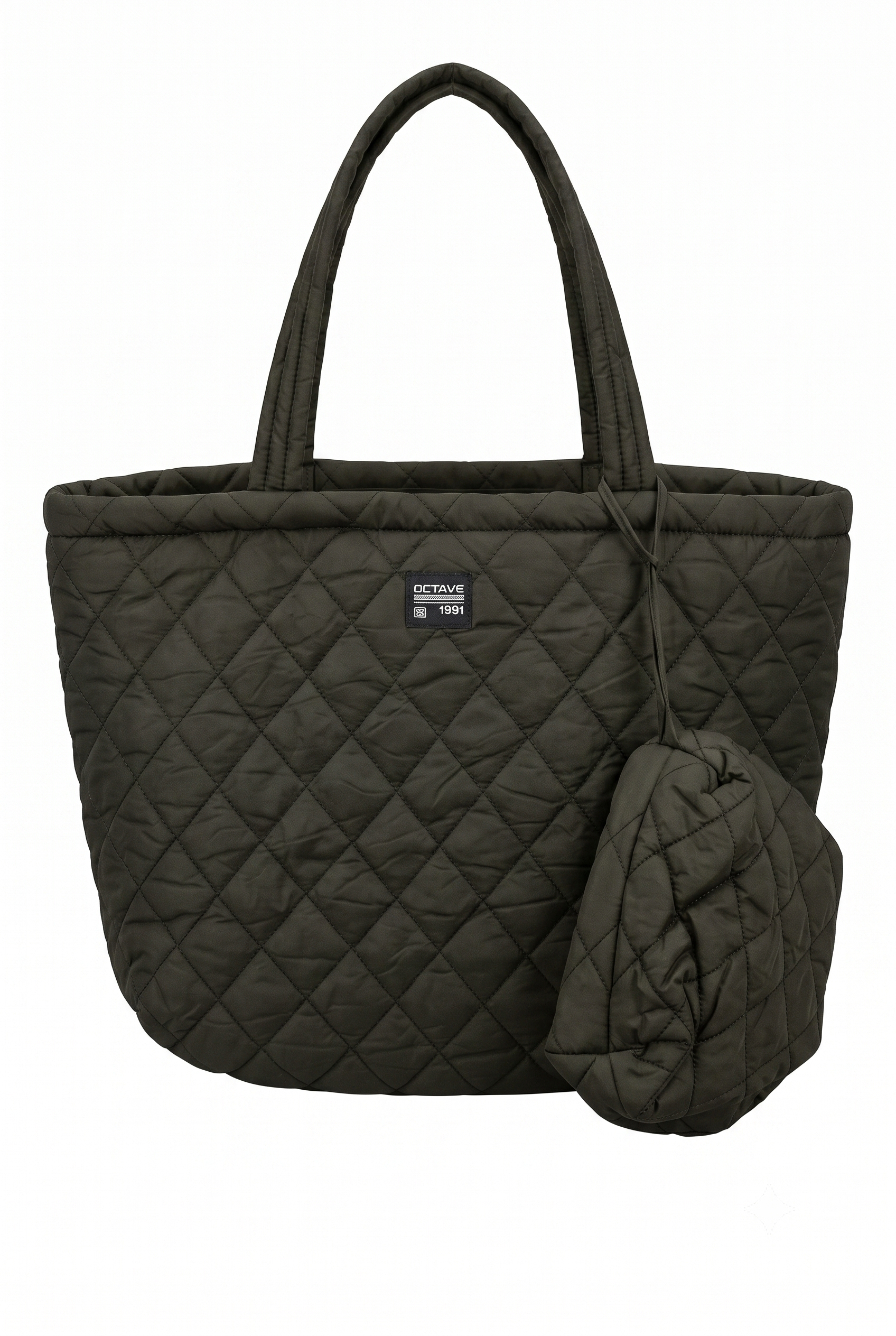 Women's Dark Olive Green Quilted Tote Handbag with Pouch | Lightweight Shoulder Bag | Large Capacity Everyday Travel Tote