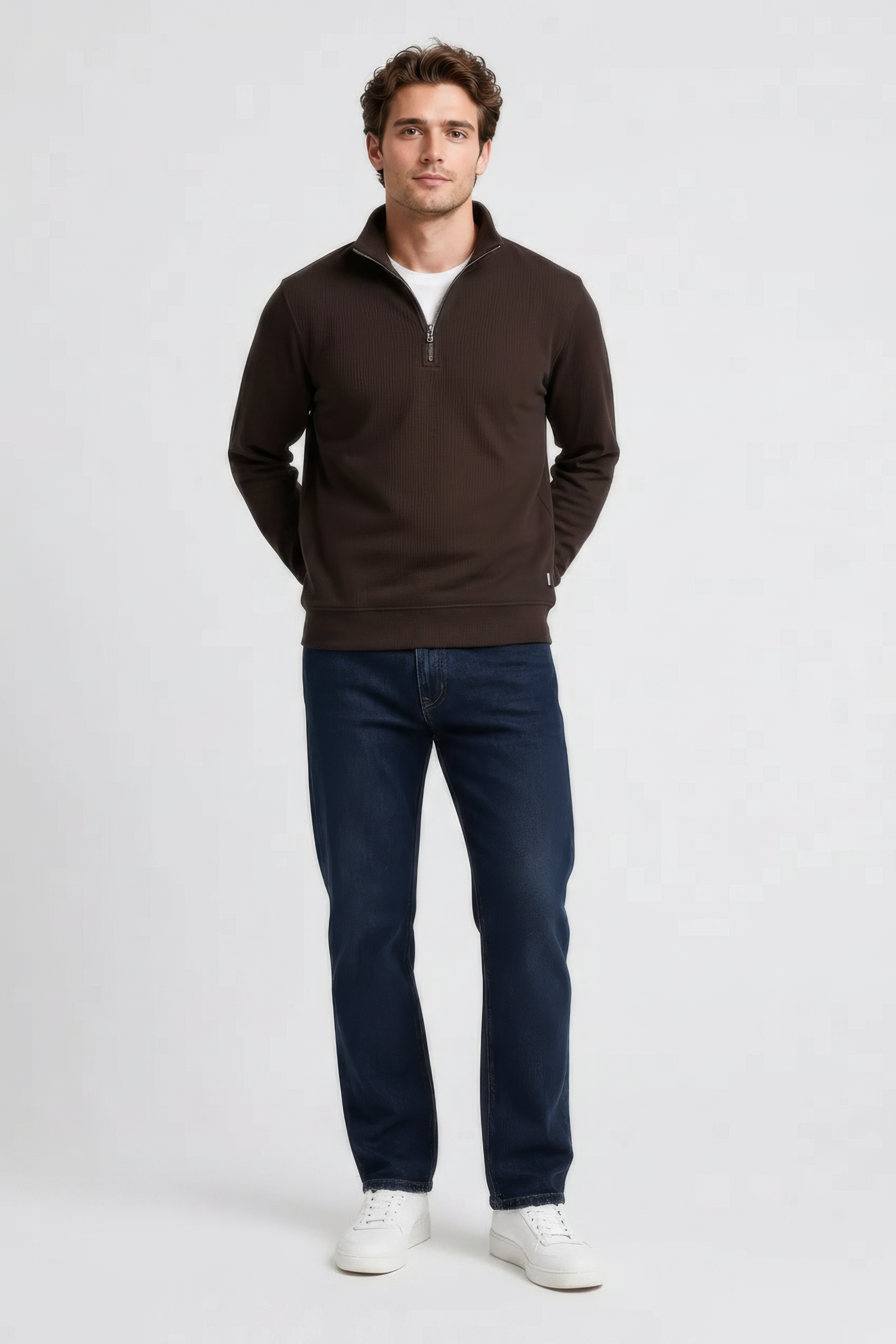 Men’s Espresso Brushed Seersucker Half Zip Sweatshirt with Standing Collar