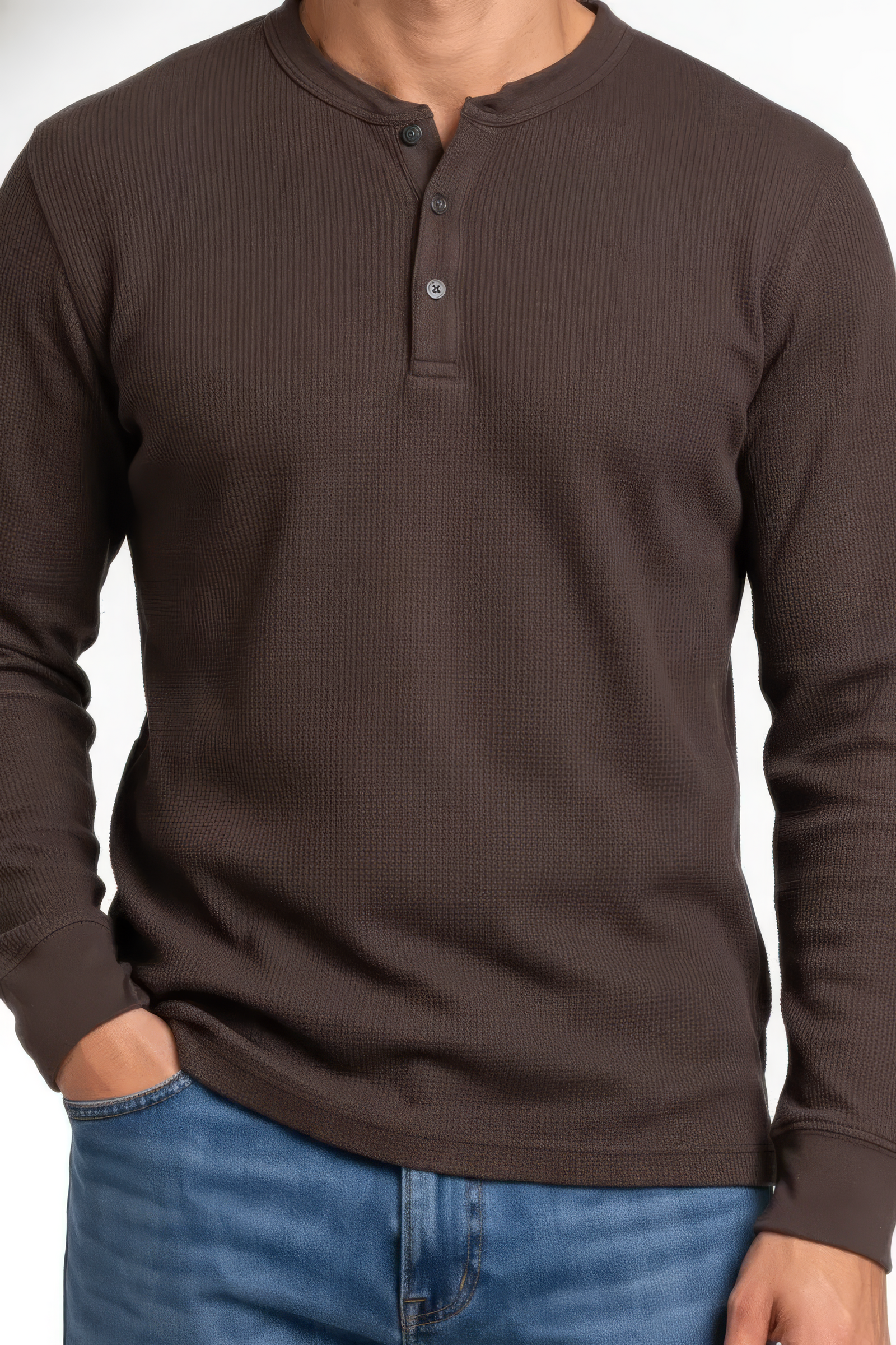 Men’s Coffee Cotton Blended Seersucker Full Sleeve Mandarin Collar T-Shirt
