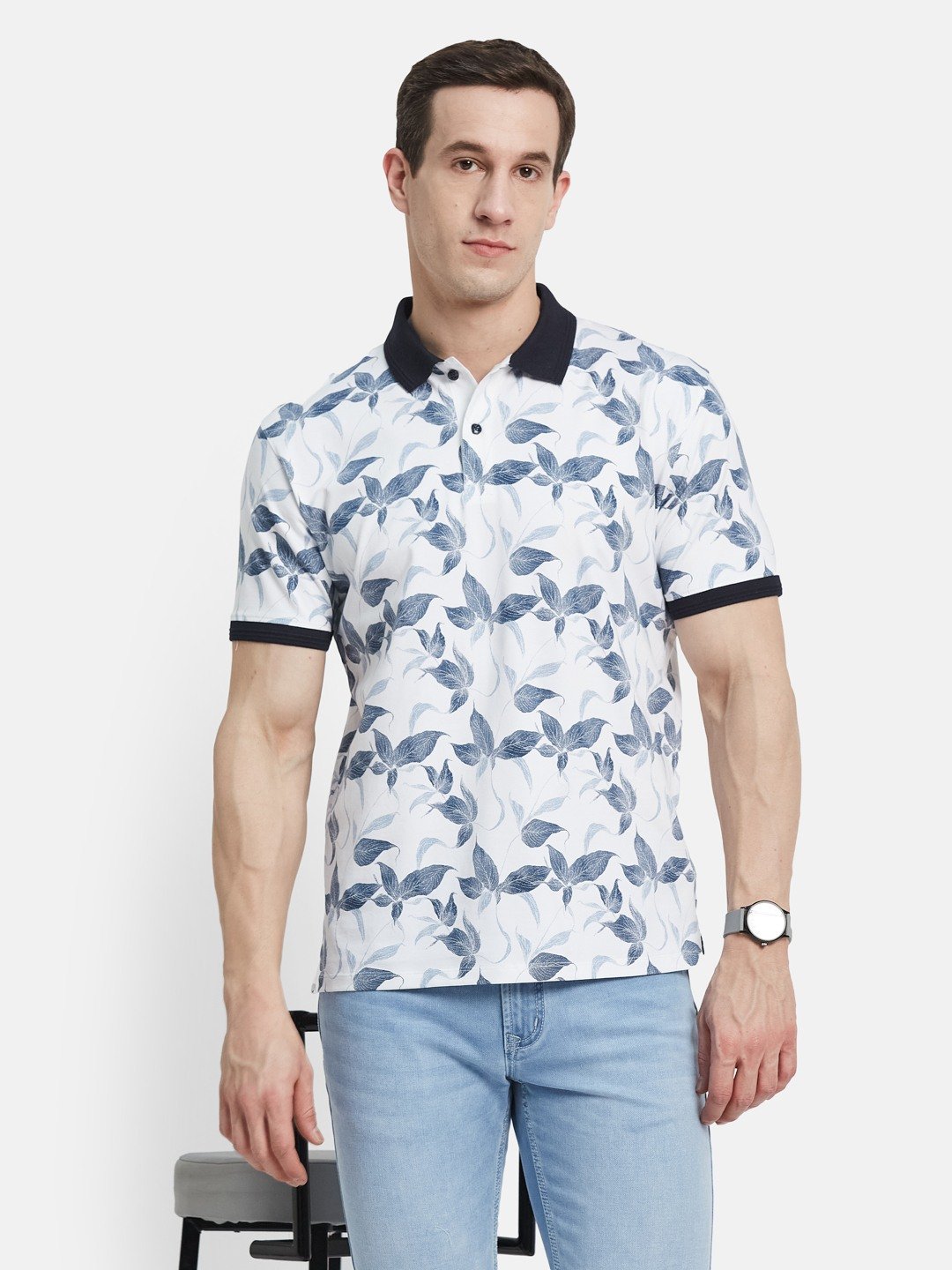 AOP FLORALPRINT  POLO NECK SINGLE JERSEY KNIT LYCRA T-SHIRT