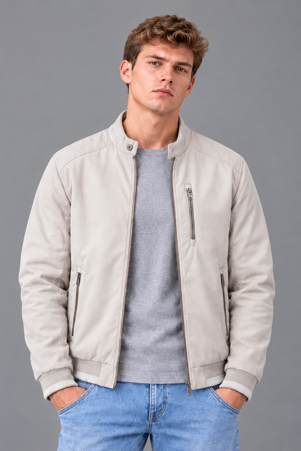 Men’s Regular Fit Woven Full-Zip Jacket with Stand Collar & Zip Pockets – Beige