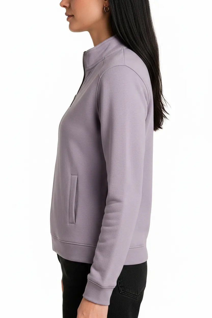 Women Levender Milange Cotton Blended German Velvet Full Zip | Standing Collar Winter Sweatshirt