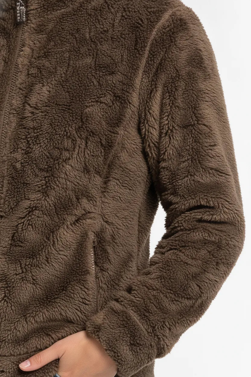 Women Tan Double Sided Coral Fur Full Zip | Soft Winter Sweatshirt